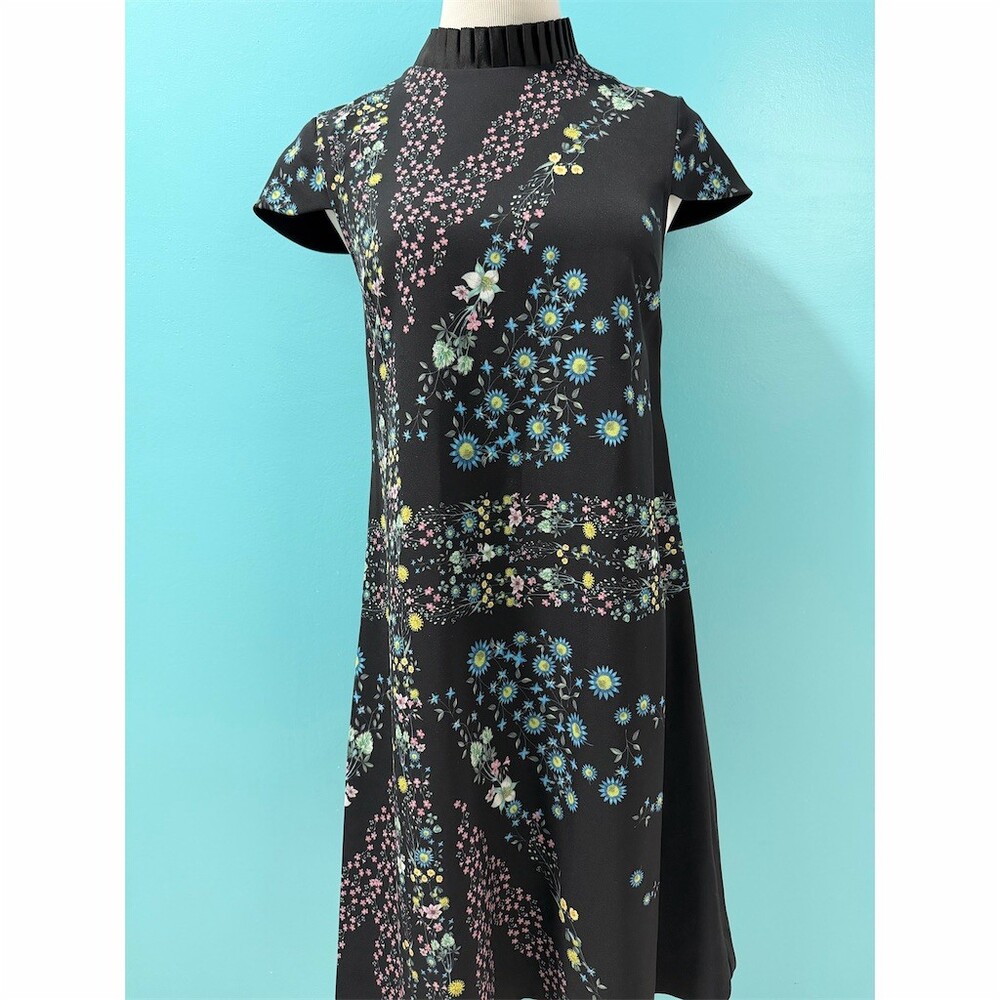Ted Baker Dress Womens Size 0 Black Floral Pleated High Neck Cap Sleeve